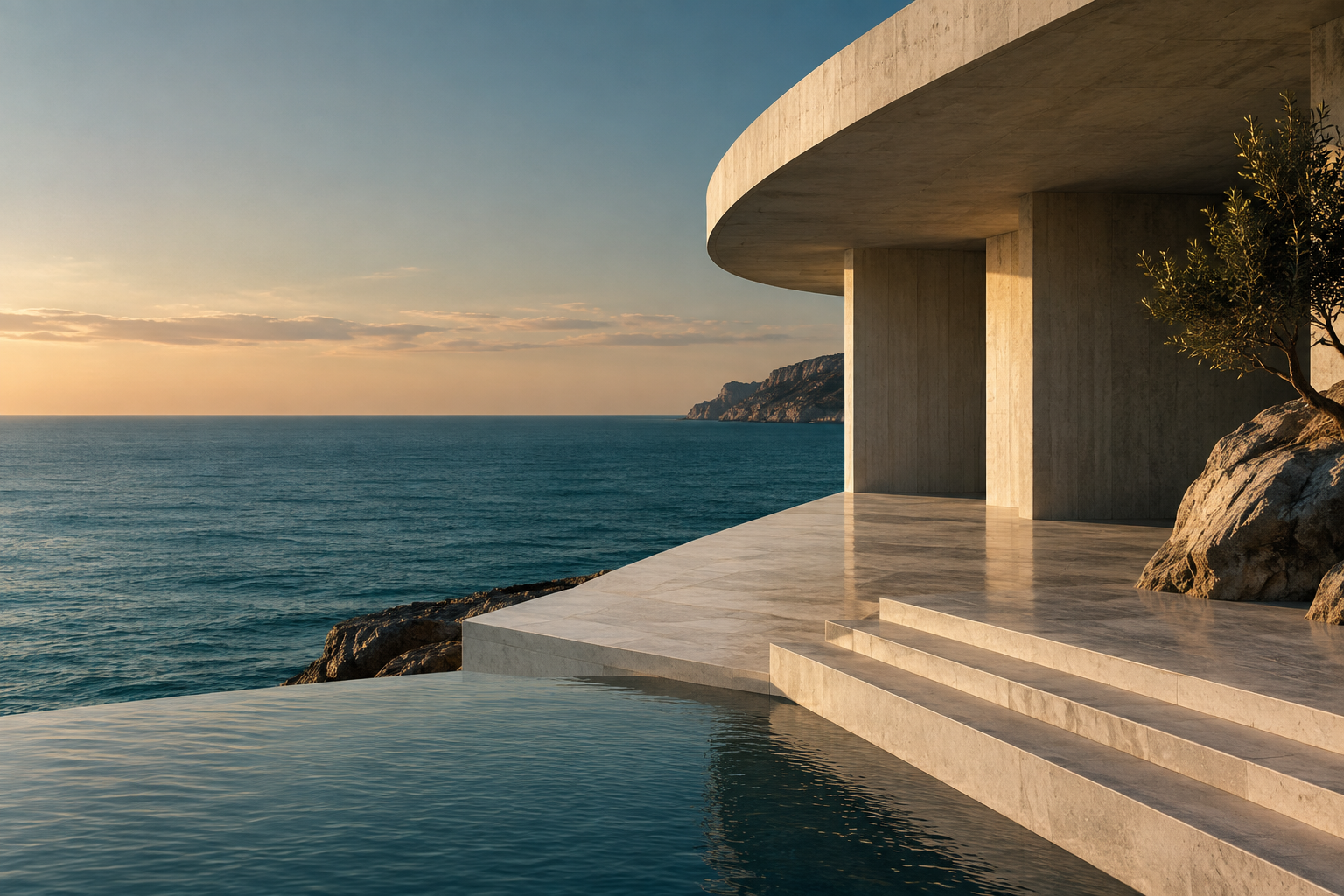 An imagined ivory concrete pavilion overlooking a calm teal sea